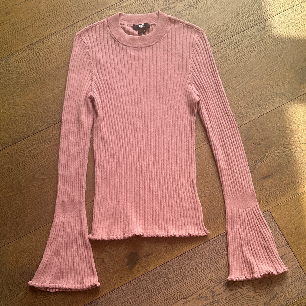 PAIGE Cotton-Blend Dusty Rose Ribbed Flare Sleeve Sweater